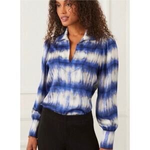 Karen Kane Royal Chill Tie Dye Blouse Small Blue White V Neck Work Top NWT